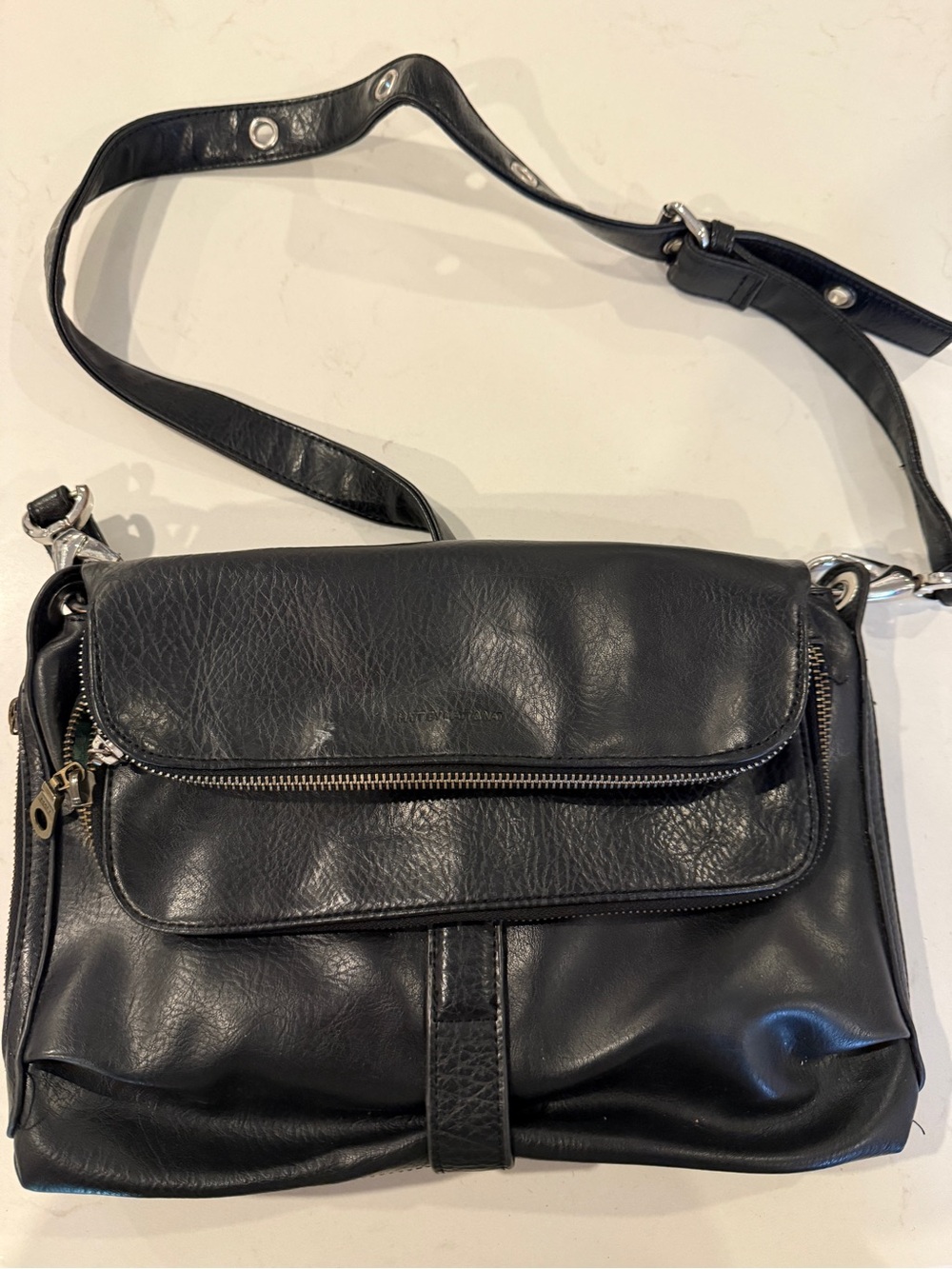 Black Vegan Leather Crossbody Bag with Front Zip Flap